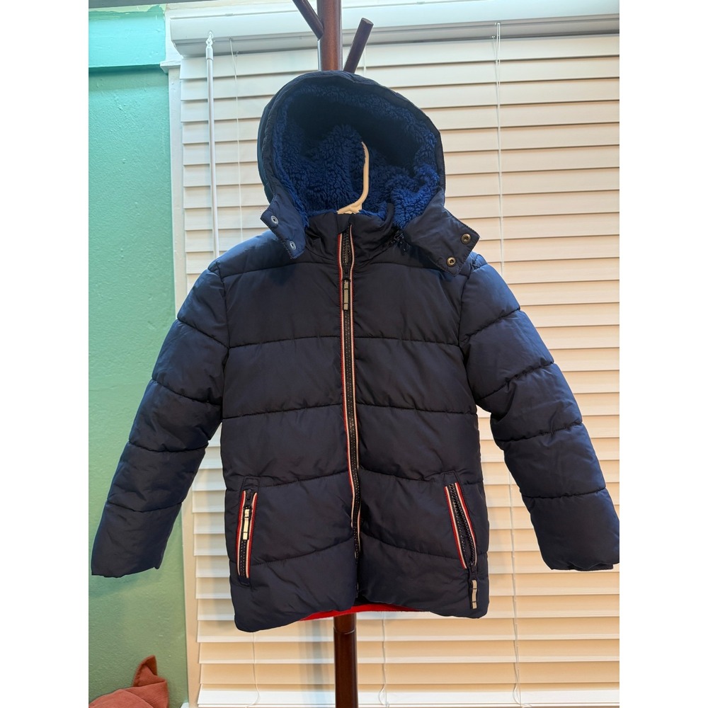 Boden Kids Puffer Coat 6-7Y 122 Navy Blue Sherpa Lined Hooded Winter Jacket